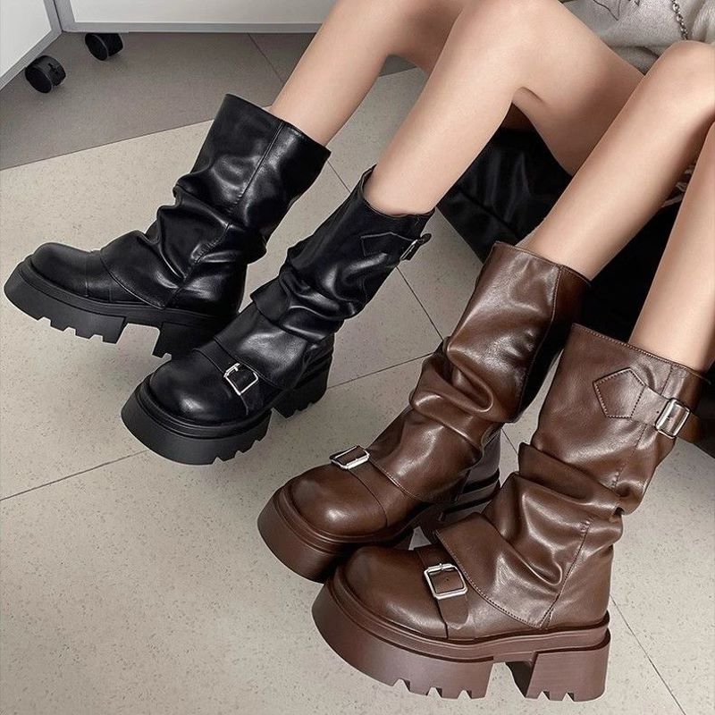 Schuhe für Damen, halbhohe Damenstiefel, Plateau-Stiefel, moderne Stiefel, Gürtelschnalle, quadratische Zehenpartie, seitlicher Reißverschluss, quadratischer Absatz, Schuhe für Damen