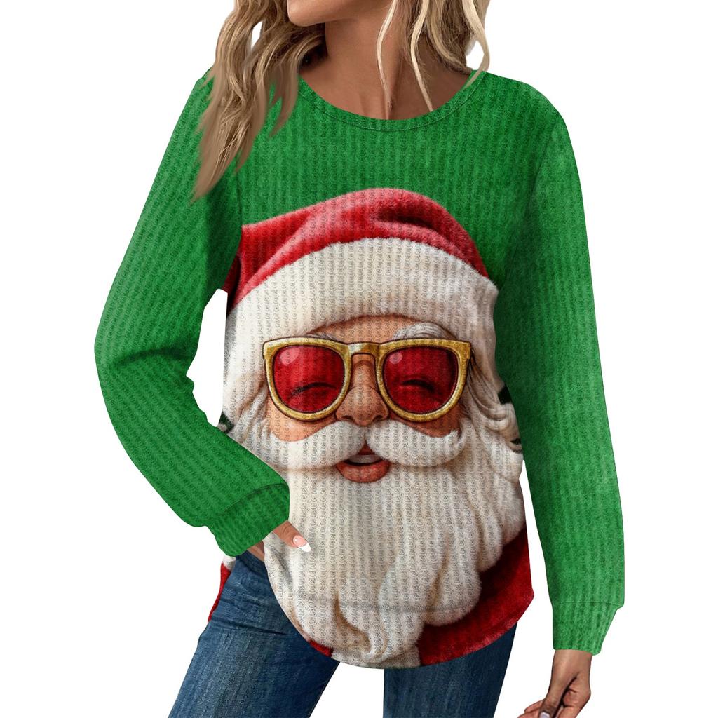 Dámská móda Ležérní Volný Top s kulatým výstřihem a dlouhým rukávem s vánočním potiskem