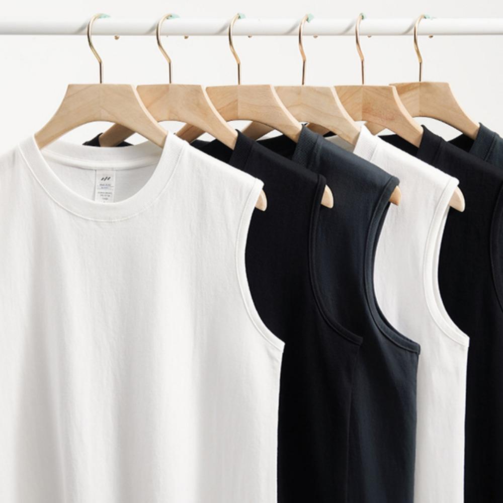 Summer 100% Cotton Men's Vest Casual Wide Shoulder O-Neck Sleeveless Tops Universal Solid Color Sports Fitness Loose Tank