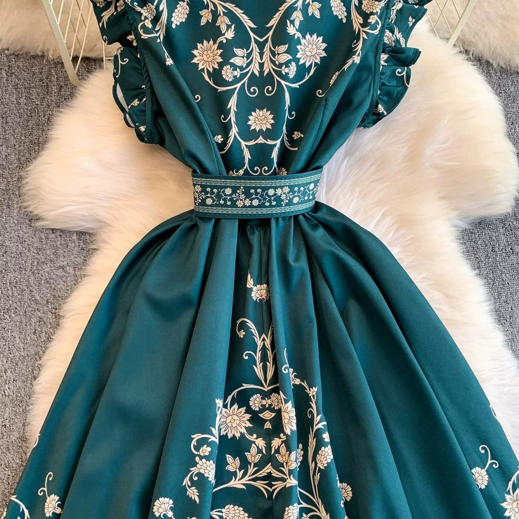Abito Chemisier da Donna Vintage con Stampa Floreale, Vestibilità Slim, con Cintura, Moda Estiva, Maniche a Sbuffo, Monopetto, Elegante, Casual