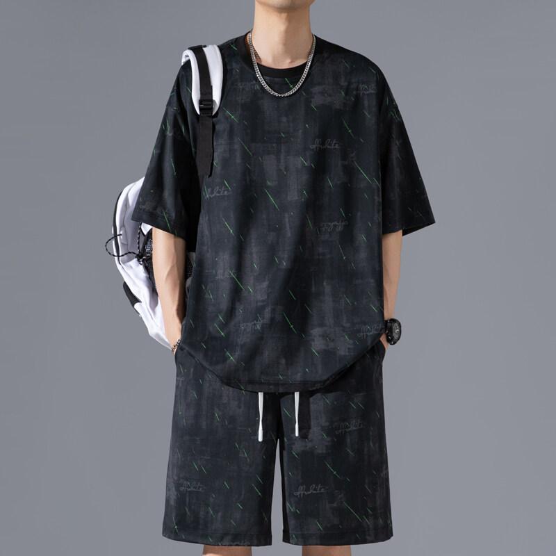 

2025 Лето Мужские Комплекты Тай-Дай Мода Мужские Свободные Повседневные Футболки Шорты Мужские Корейский Хай Стрит Жаккардовая Клетка Топы и Комплекты Шорт 4XL чёрный