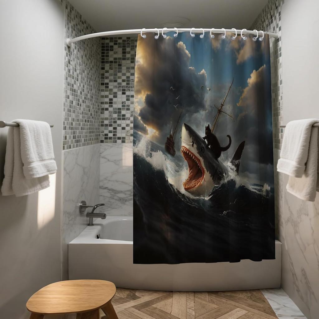 Funny Black Cat Shower Curtains Abstract Quirky Cat and Shark Barn Door Decor Polyester Fabric Waterproof Bathroom Curtains Set