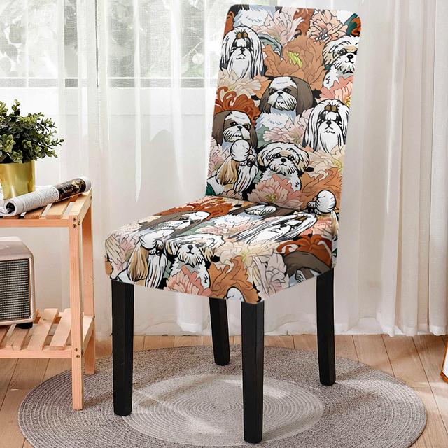 Stuhlhusse für Esszimmerstühle mit niedlichem Tier-/Hunde-Print, dehnbar, elastischer Stuhlbezug mit Blumenmuster, Sitzbezug für Küchenhocker, Heim- und Bankettdekor