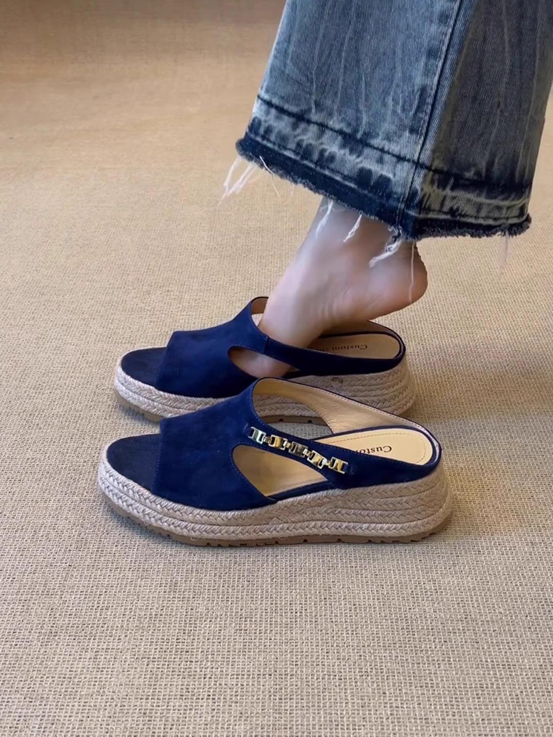 

European and American large-size high-heeled fish mouth slippers women s 2025 thick-bottomed slope heel fish mouth one-word buckle hemp bottom c 39 синий
