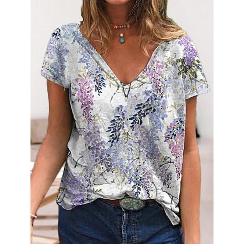 Summer V-neck 3D Flower Printed Top Fashionable Casual Short Sleeved Women's T-shirts