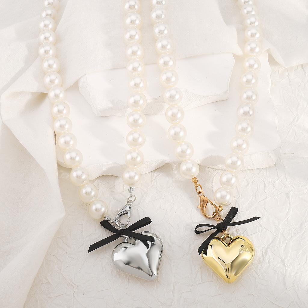 Women European Sweet Ins Style Ribbon Bow Love Pearl Necklace For Women Minimalist Design Layered Clavicle Necklace