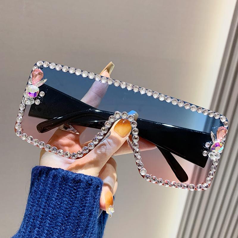 Large Frame Diamond-set Sunglasses Women's Anti-ultraviolet Glasses One-piece Sunglasses Rhinestone Glasses 5-1