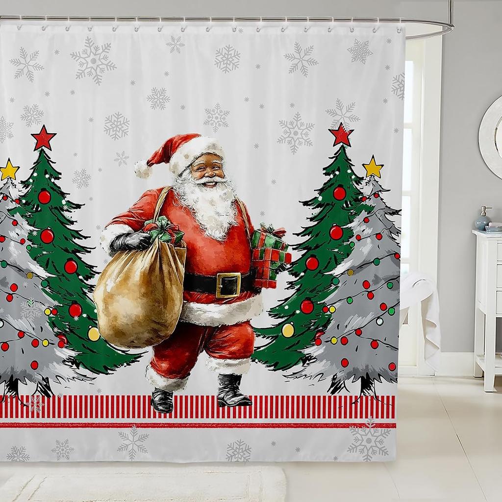 Christmas Cat Shower Curtain Cute Pet Cat Animal Bathroom Shower Curtain Sets, Xmas Decor Christmas Hat Fabric Shower Curtain