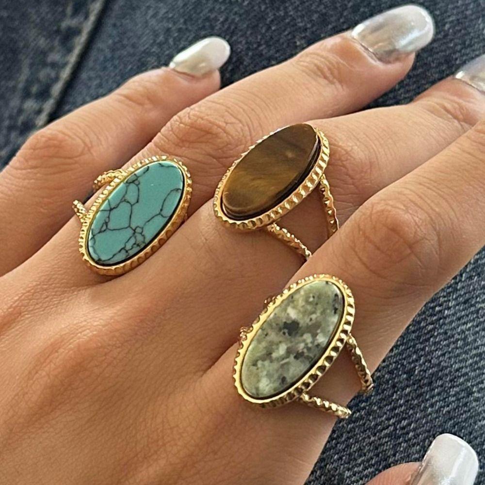 Opal Geometric Open Ring Geometric Wide Finger Buckle Creative Turquoise Metal Ring  Friend