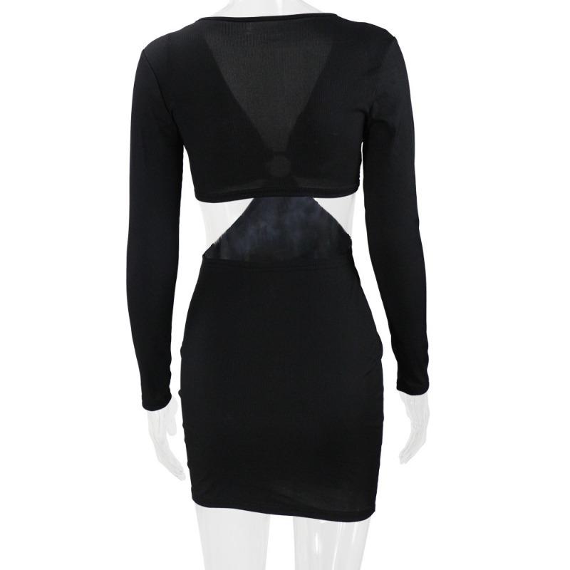 Women's Hollow Long Sleeve Low Neckline Sexy Dress Dress