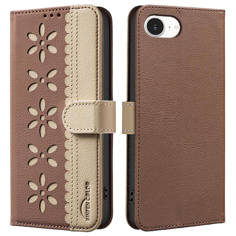 

BINFEN COLOR BF36 For iPhone 16e Leather Case Floral Pattern Phone Cover RFID Blocking Wallet Stand Brown