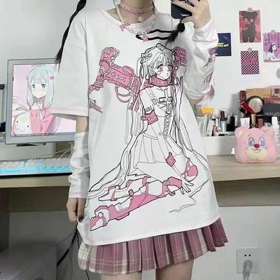 2KWEIRD Y2k Harajuku Kawaii T-Shirts Damen Japanische Mode Gothic Streetwear Cartoon-Druck Lockere T-Shirts Soft Girl