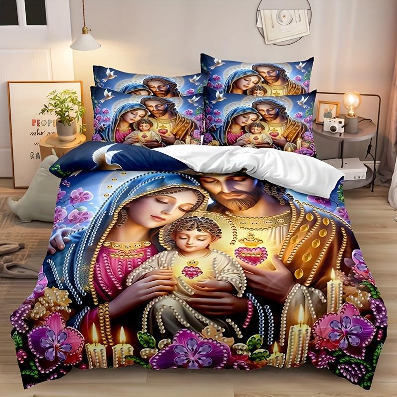 

Comforter 3Pcs Jesus & Mary Print (1 Queen Size + 2 S) - 3D Digital Print Ultra-Soft Polyester Floral & Candle Comforter (quilt)-EU Single(135*200cm)3pcs