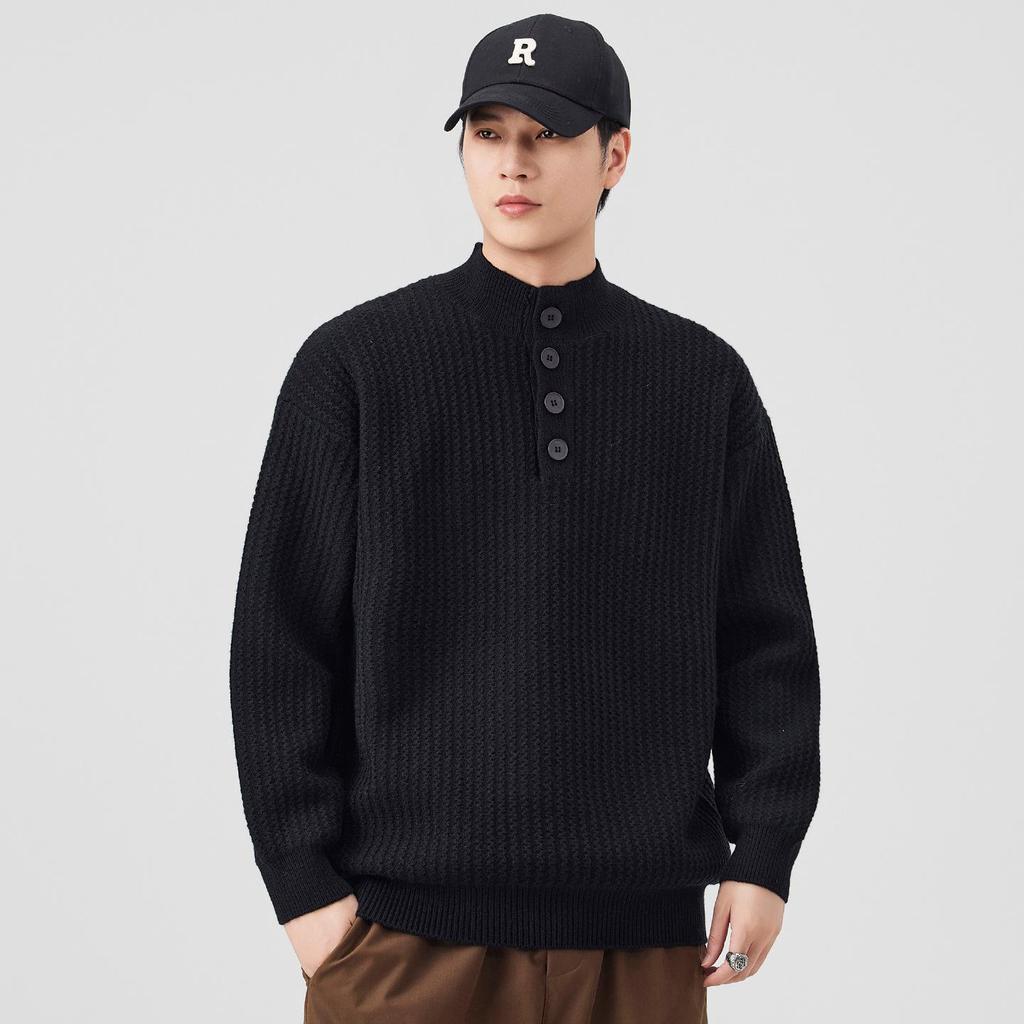 Men's Retro Knit Stand Collar Pullover - New Autumn/Winter Arrival, Versatile, Trendy, Loose Fit Sweater with Buttons