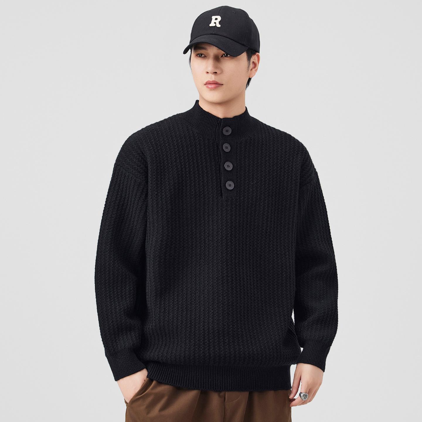 

Men s Retro Knit Stand Collar Pullover - New Autumn/Winter Arrival, Versatile, Trendy, Loose Fit Sweater with Buttons 2XL чорний
