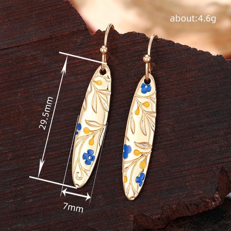 Hand-painted Floral Ceramic Drop Earrings, Bohemian Style Long Oval Earrings for Women, Vintage Blue & White Flower Jewelry Gift