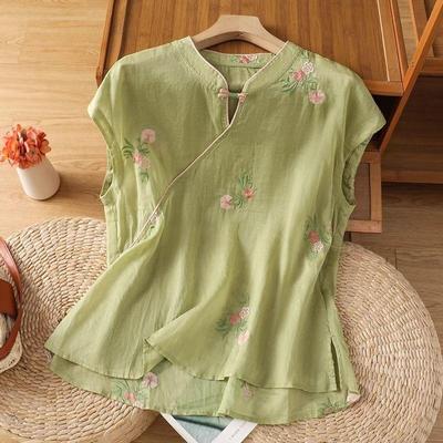 Embroidered Pink Shirt Women's Short-sleeved Summer New Retro Disc-buckled Cheongsam Shirt Diagonal Placket Breathable Shirt Thin