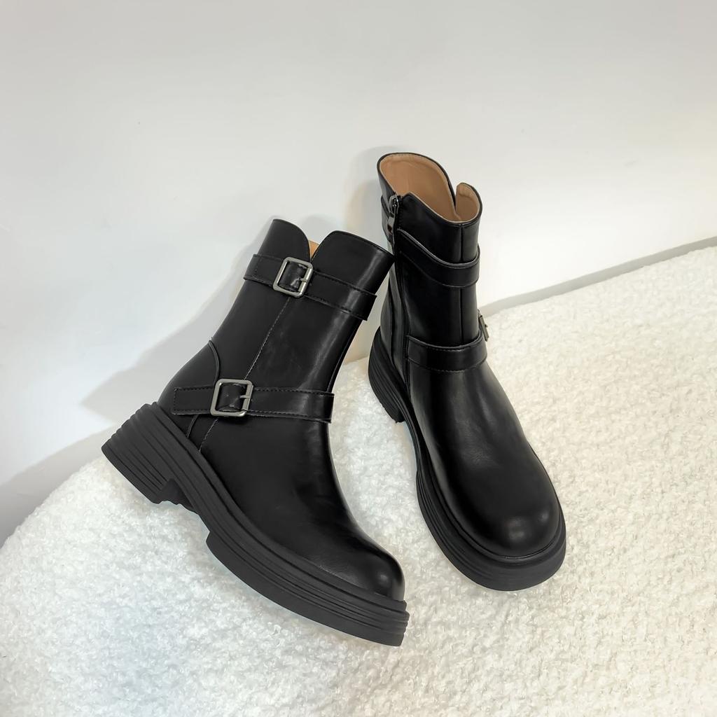 Retro British style platform Martin boots women's 2025 winter new belt buckle knight boots medium tube versatile thin boots
