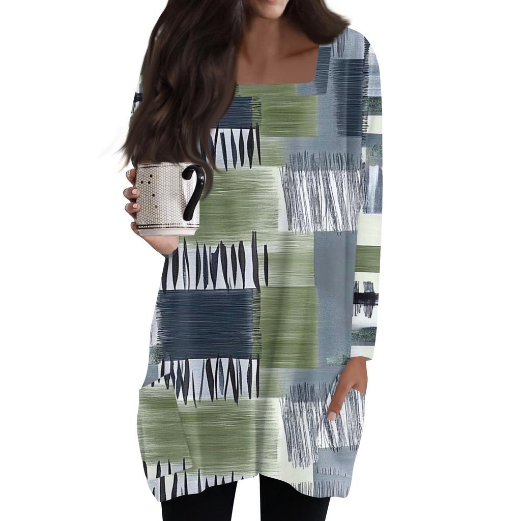 Womens Tops Square Collar Long Sleeve Blouses Casual Mid-length Shirts Fashion Print Tunic Tops With Pockets