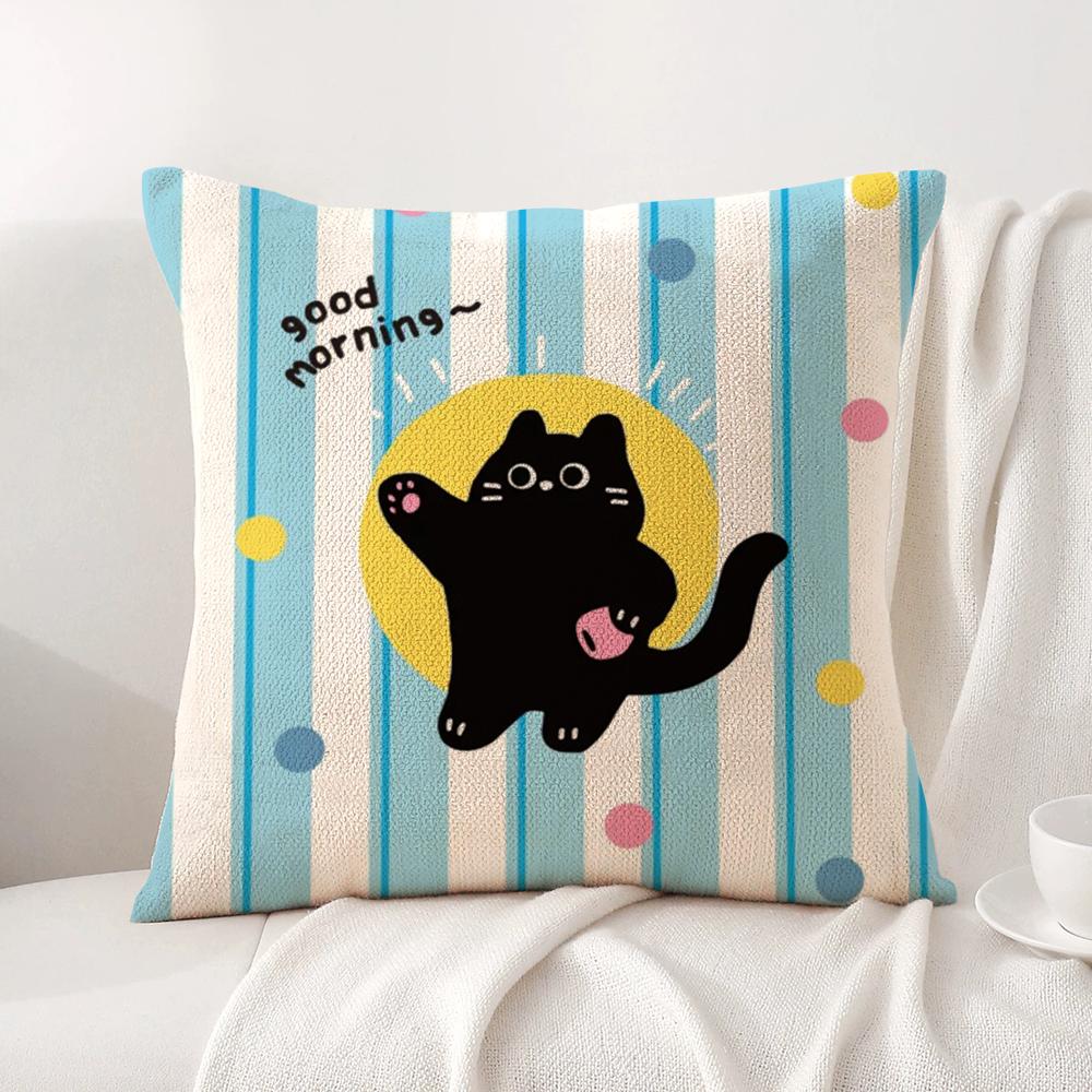 Kawaii Cute Cat Cushion Cover Natural Linen Organic Fabric DoubleSided Printing Sofa Home Decor Breathable Bed Pillow