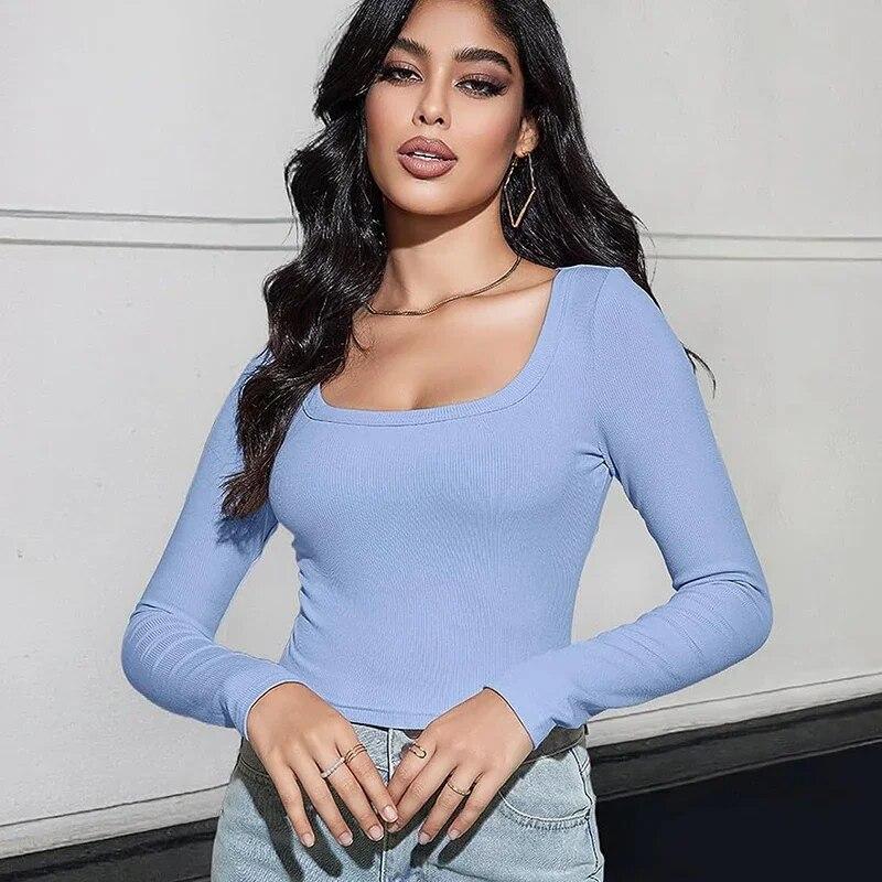 Autumn Slim Fit Square Neck Knit T-shirt Women Solid Long Sleeve Short Tshirts Female Fashion Tops Casual Sexy Tees Blusas 30288