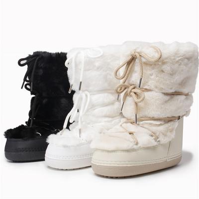 Damen Pelzstiefel Mid-Calf Schnürstiefel Schneestiefel Luxuriöser Pelziger Kaninchenfell Flauschige Pelzstiefel Weibliche Wasserdichte Plateau Baumwolle Skistiefel
