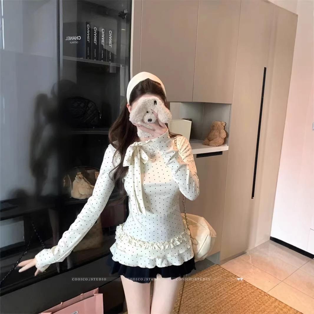 De Rong Women s Slim Fit Polka Dot Lace Layering Long Sleeve T-shirt Large слоновая кость/белый