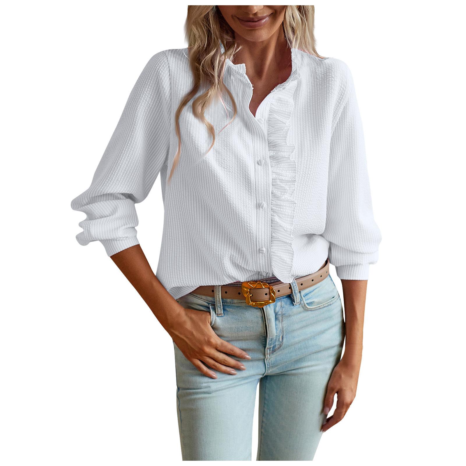 

Женская однотонная рубашка с длинным рукавом и круглым воротником в полоску на пуговицах и рюшами XL белый