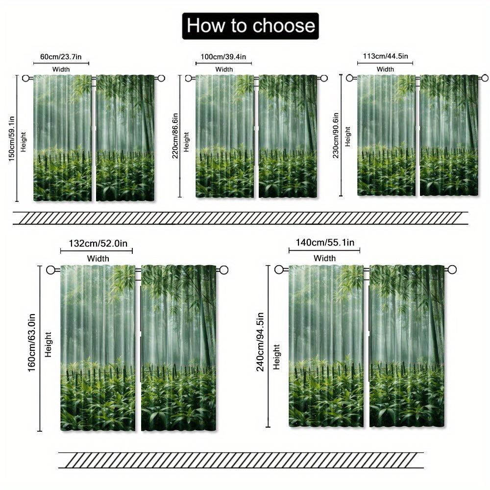 2pcs Ink Bamboo Forest Print Curtains - Rod Pocket Design   Light Filtering & Privacy Enhancing   Durable Polyester Microfiber for