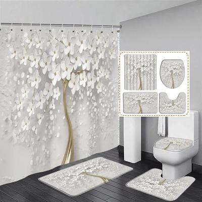 Bouquet Élégant de Fantastiques Fleurs Blanches Style 3D Rideau de Douche Rideau de Salle de Bain avec Ensemble Tapis de Bain Tapis Décor Floral pour la Maison