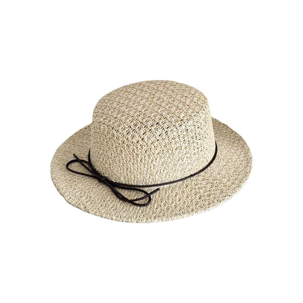 

Sun Protection Handwoven Sun Cap With Bow Flat Top Beach Hat Straw Boater Hat Resort Wear бежевый