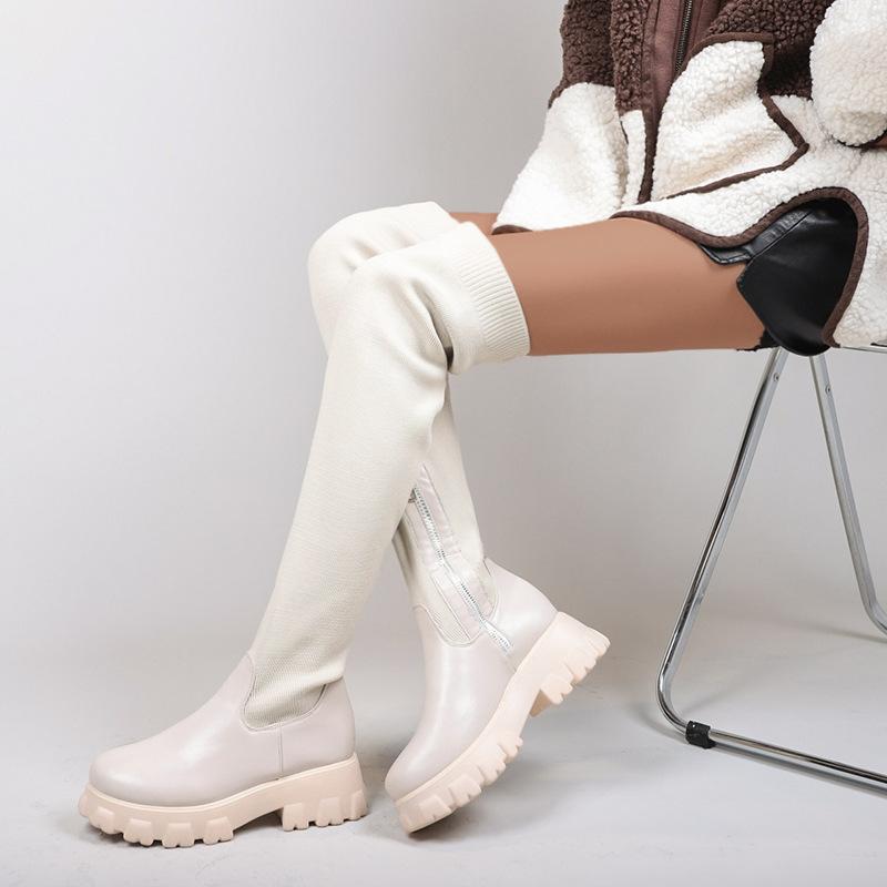 Women's shoes over the knee boots Women's autumn and winter new thick-soled knitted elastic boots European and American thick-heeled leather boots