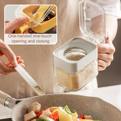 Seasoning Box with Spoon Handle Dustproof Lid Clear Multifunctional Countertop Spice Condiment Salt Sugar Glass Storage Jar Container Kitchen Supplies