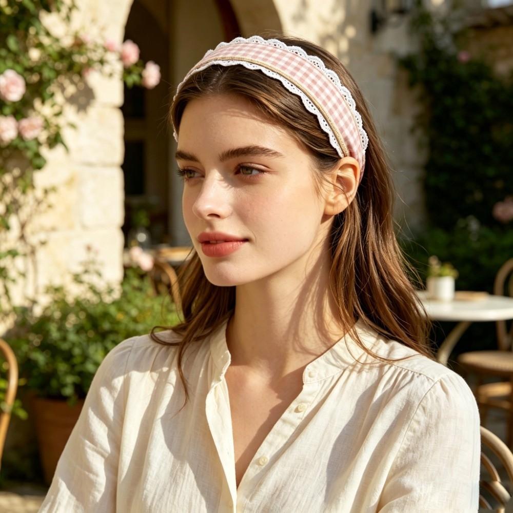 White Lace Trim Wide Plaid Hairband Wide Design White Lace Hair Hoop Casual Outfit