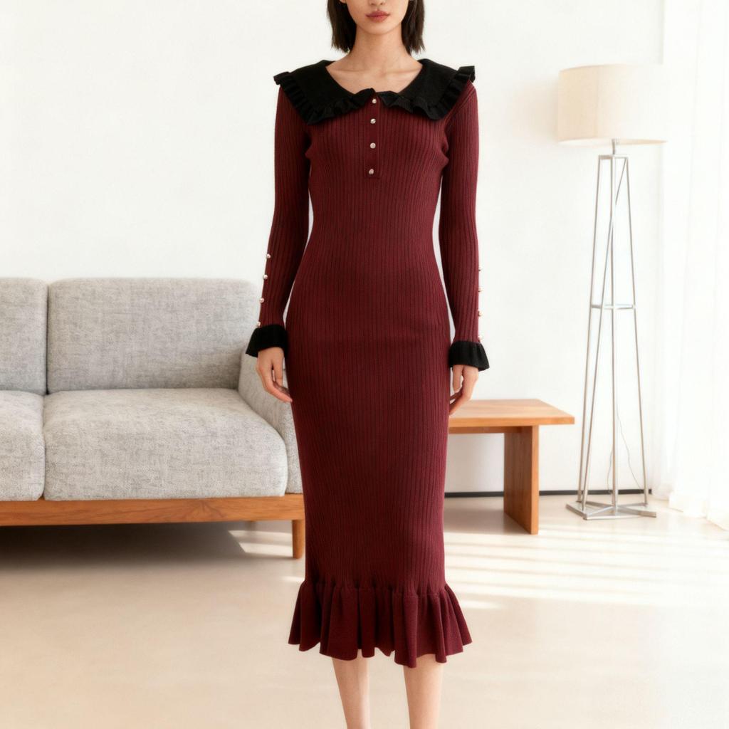 2023 Retro Woolen Ruffle Knitted Dress: European and American French Style for Autumn and Winter
