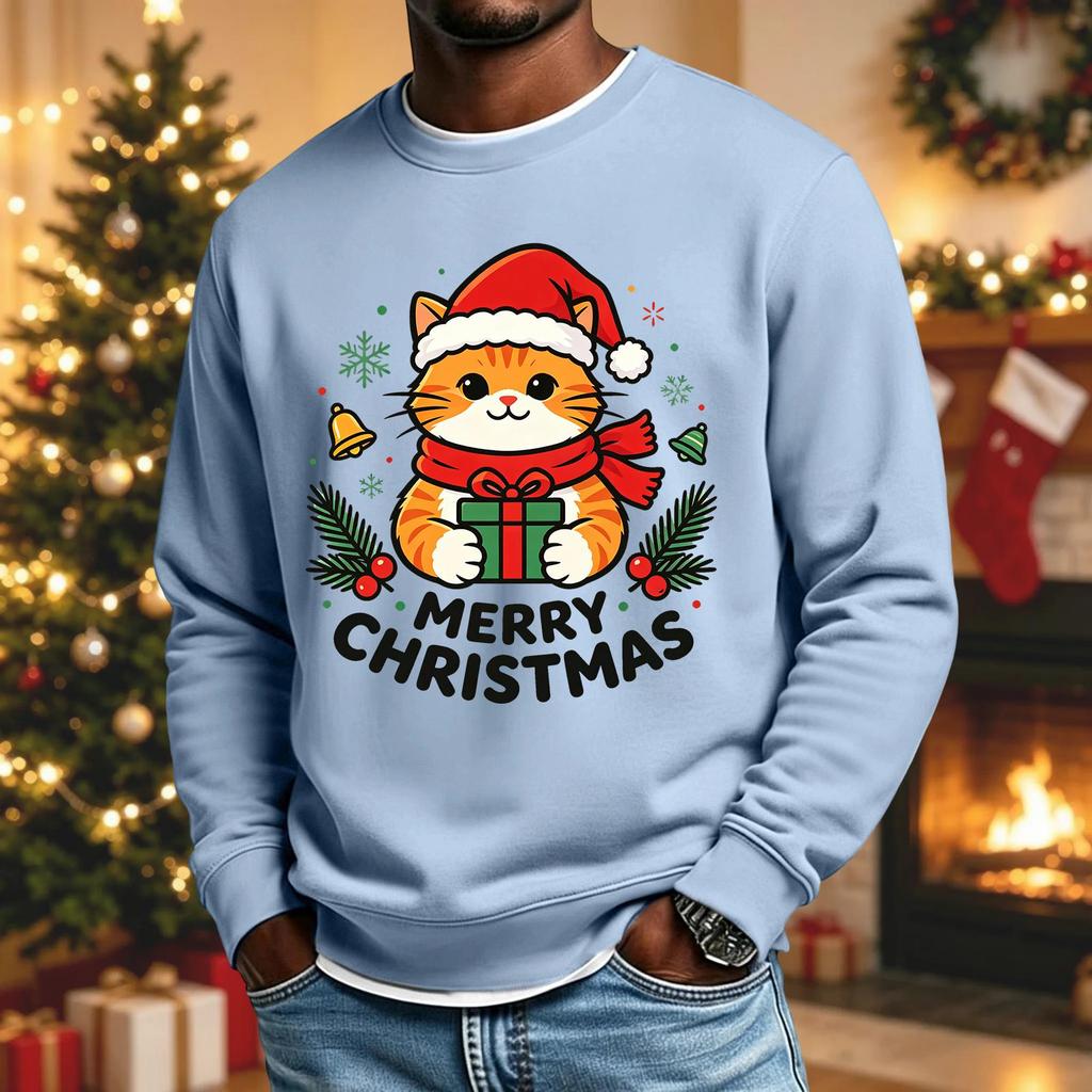 Men's Casual Long Sleeve Crewneck Top with Christmas Print for Holiday Celebrations