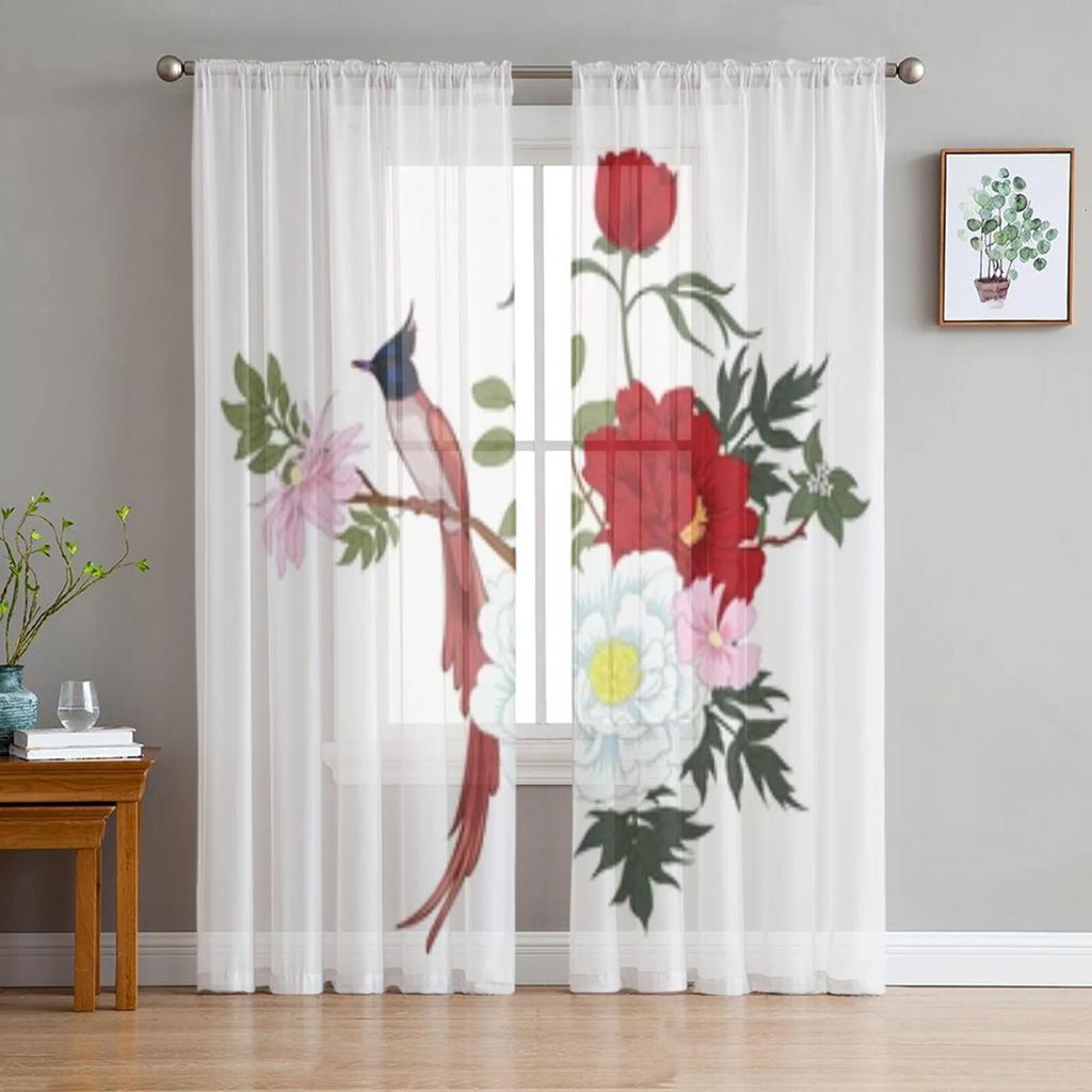 Pivoňky a ptáci průhledné okenní závěsy do obývacího pokoje ložnice moderní voálové tylové závěsy látkové závěsy do kuchyně
