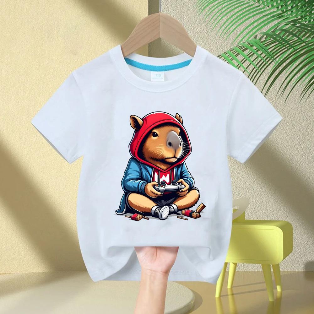 

Cute Capybara Love to Make Tea Printed Children s T-shirt Summer Children s Short-sleeved Casual Top Boys and Girls Gifts 110