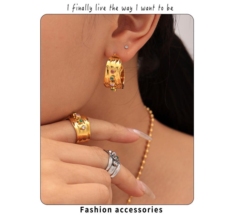 Qiong Yao Mixed Color Cubic Zirconia Open Ring C-shaped Earrings, 18K Gold Plated Stainless Steel Jewelry Set for Women