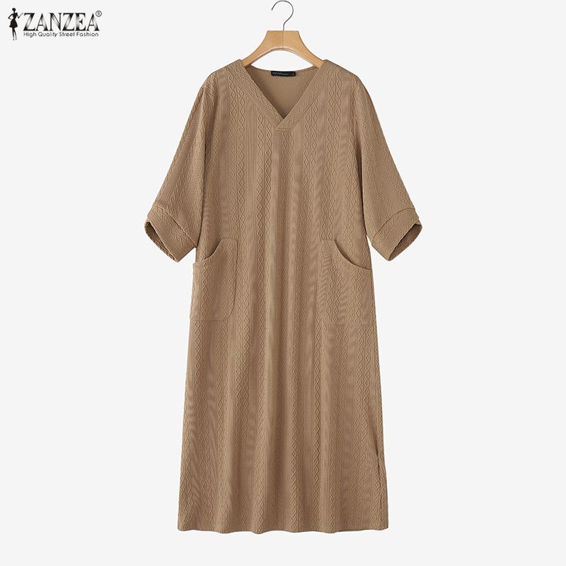 

ZANZEA Женское платье с V-образным вырезом, рукавом 3/4, текстурное, свободного кроя, повседневное, длинное XL хаки
