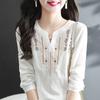 White Long Sleeved Shirt Women's Spring and Autumn Loose Embroidered Ethnic Style Versatile V-neck Top