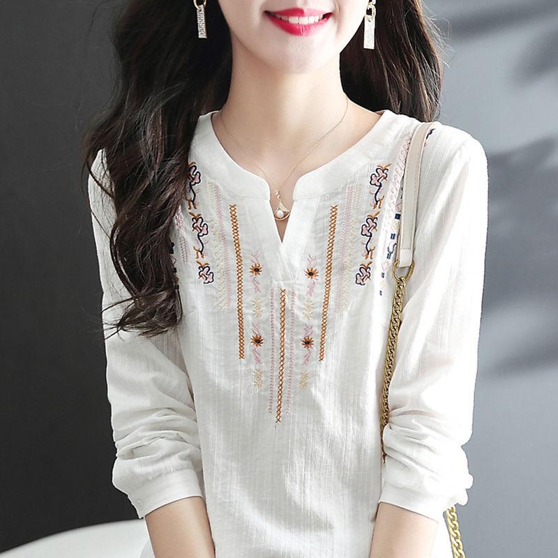 White Long Sleeved Shirt Women's Spring and Autumn Loose Embroidered Ethnic Style Versatile V-neck Top