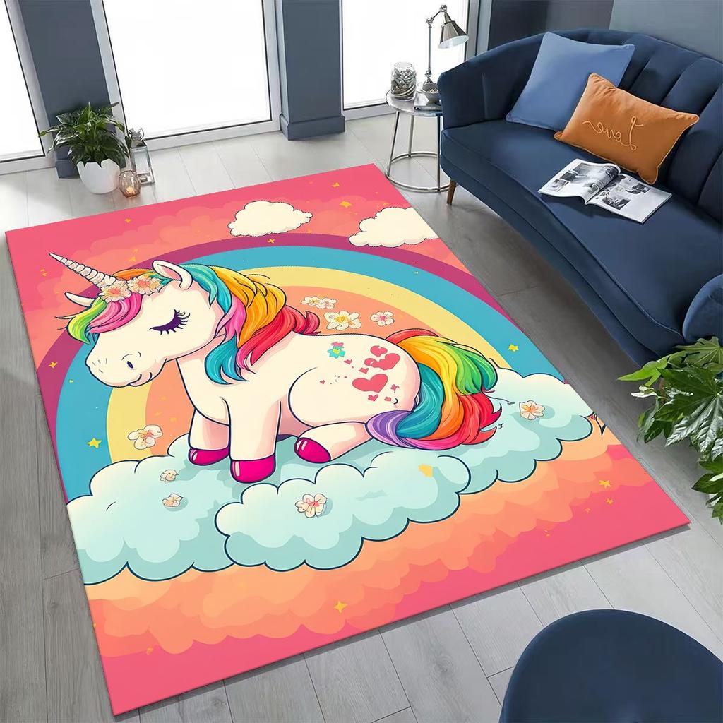 Cartoon Rainbow Unicorn Elves Girl Gift Rug for Bedroom Living Room Sofa Home Doormat Decor, Large Kid Play Non-slip Floor Mat