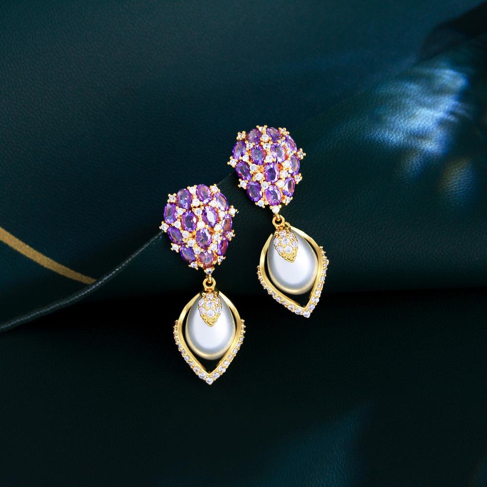 French Light Luxury Court Style Violet Full Diamond Shell Pearl Earrings Brass Gold-Plated Zircon Earrings Earrings