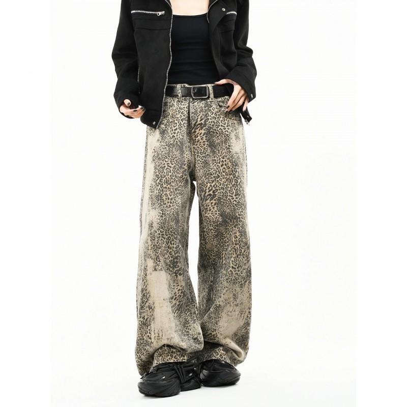 Jeans Anchos de Pierna con Estampado de Leopardo Desgastado para Hombre - Pantalones Cargo Rectos Oversize Streetwear