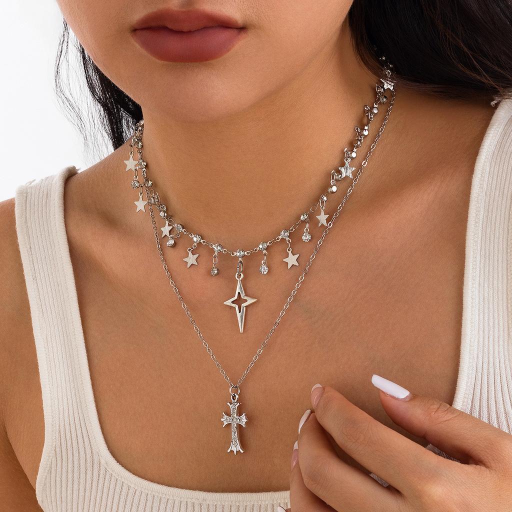 Sweet And Cool Short Cross Star Collarbone Choker Dark Goth Rhinestone Tassel Necklace Women