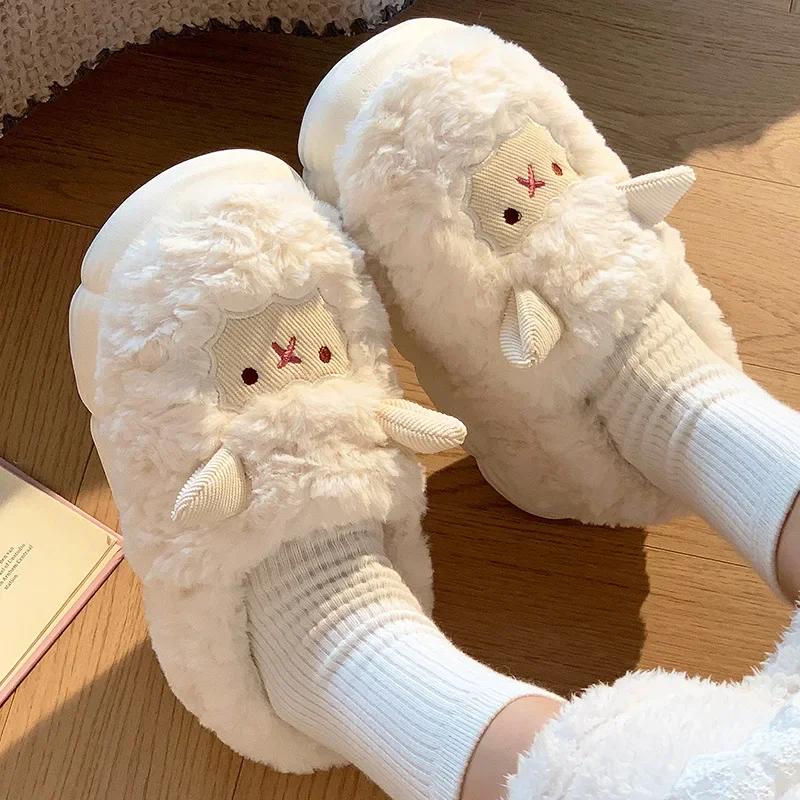 Slippers for Women Cute Cartoon Lamb House Comfortable Soft Sole Fluffy Cotton Shoes Woman Winter Warm Plush Indoor Slippers
