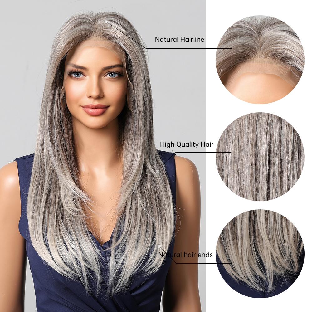 LOUIS FERRE Synthetic 13x6 Lace Wigs Long Straight Hair Gray Ombre Wigs Daily Use Party Wig for White Women Heat Resistant