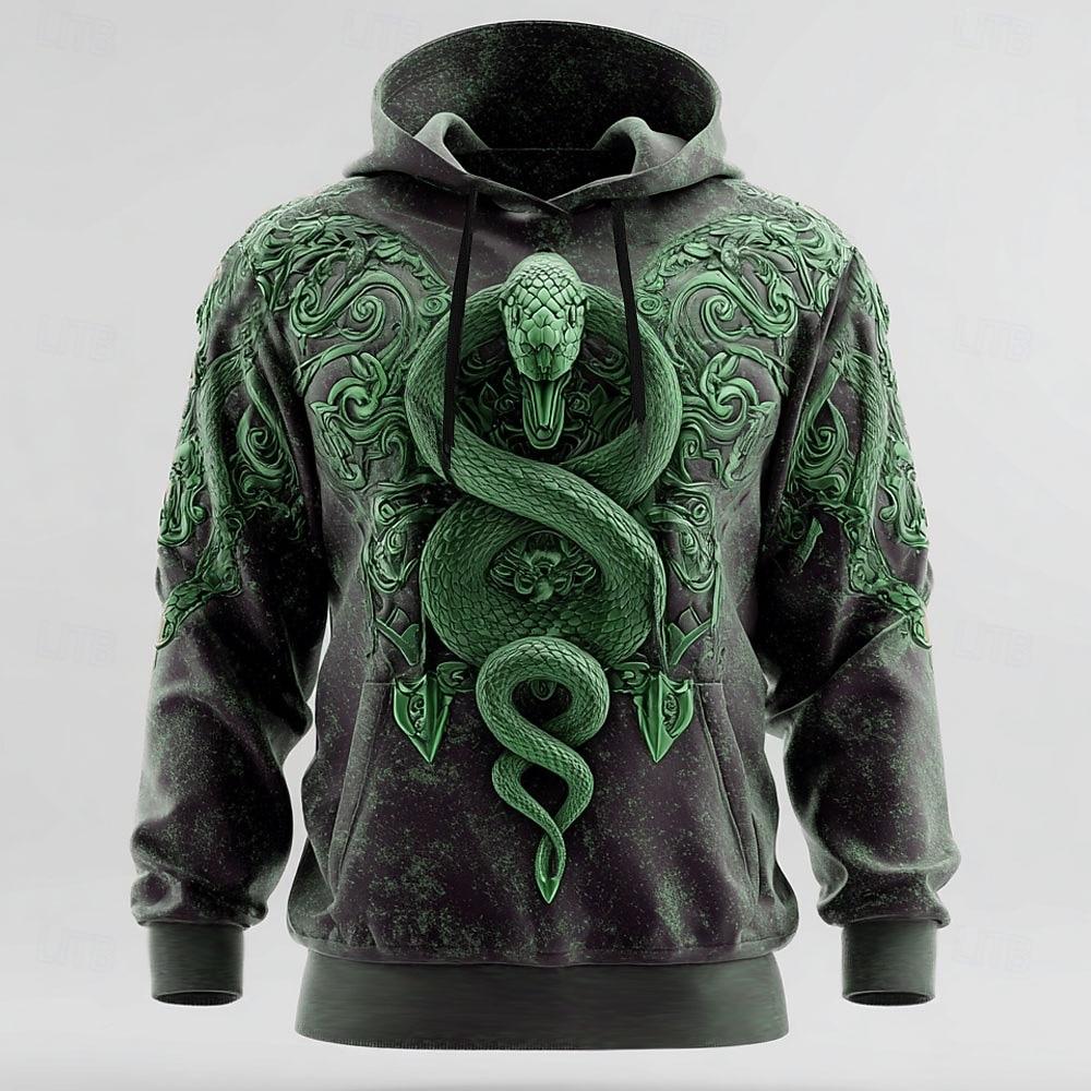 Men's 3D Snake Hoodie Sweatshirt Cool Party Crew Neck Club Streetwear Blue Green Drawstring Fall Winter Designer