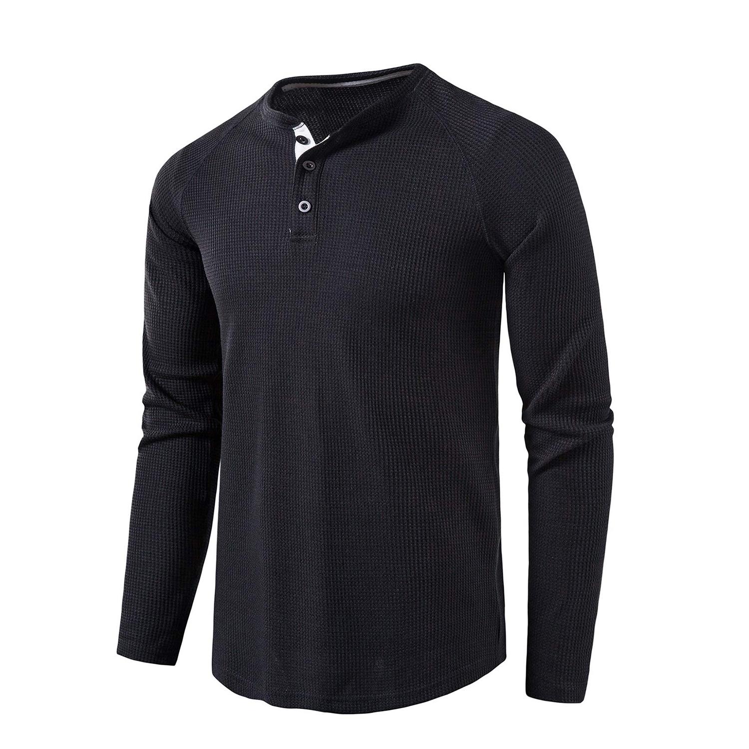 

Мужские вафельные рубашки на пуговицах с круглым вырезом и длинными рукавами, однотонная повседневная одежда, удобная рубашка на осень и зиму XXL чёрный